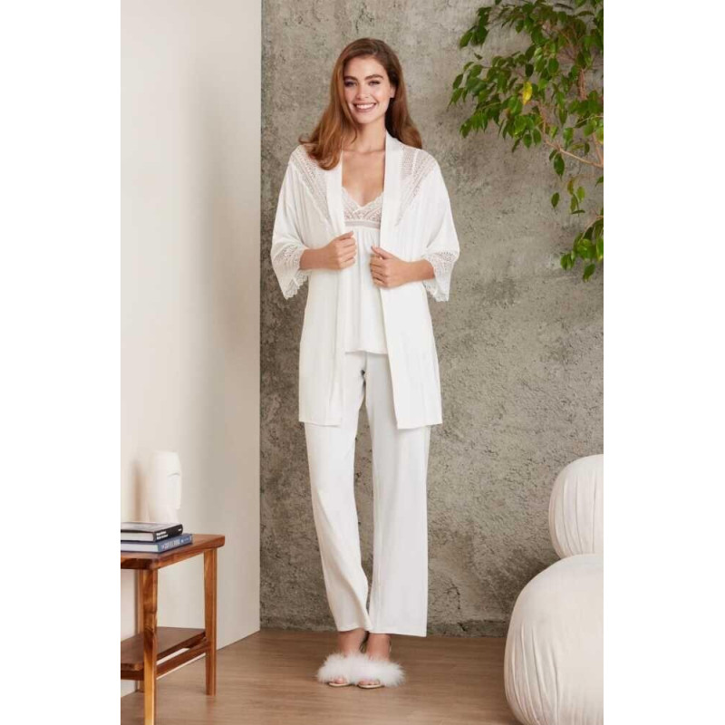 Pierre Cardin 2820 Kadın Ekru Dantelli Penye 3'lü Sabahlıklı Pijama Takım