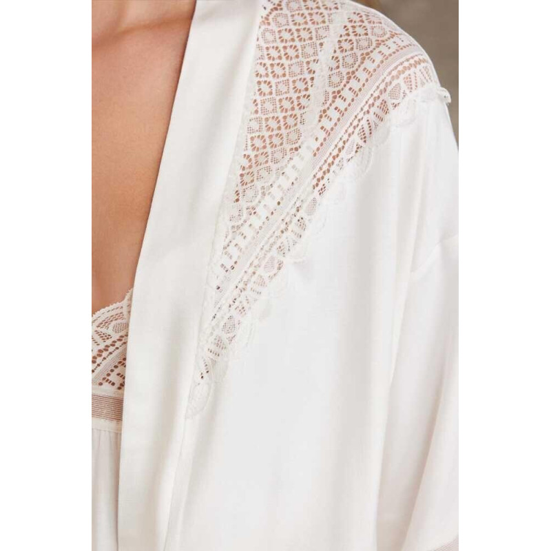 Pierre Cardin 2820 Kadın Ekru Dantelli Penye 3'lü Sabahlıklı Pijama Takım