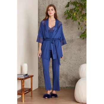 Pierre Cardin 2820 Kadın Lacivert Dantelli Penye 3'lü Sabahlıklı Pijama Takım