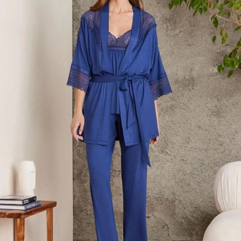 Pierre Cardin 2820 Kadın Lacivert Dantelli Penye 3'lü Sabahlıklı Pijama Takım