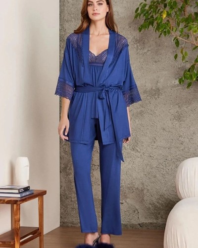 Pierre Cardin 2820 Kadın Lacivert Dantelli Penye 3'lü Sabahlıklı Pijama Takım