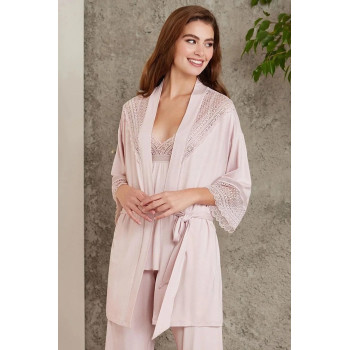 Pierre Cardin 2820 Kadın Pudra Dantelli Penye 3'lü Sabahlıklı Pijama Takım