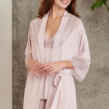 Pierre Cardin 2820 Kadın Pudra Dantelli Penye 3'lü Sabahlıklı Pijama Takım