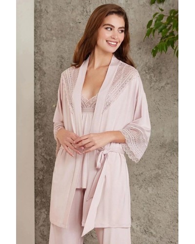 Pierre Cardin 2820 Kadın Pudra Dantelli Penye 3'lü Sabahlıklı Pijama Takım