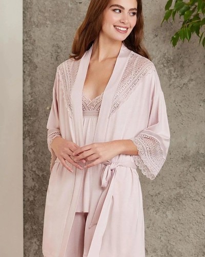 Pierre Cardin 2820 Kadın Pudra Dantelli Penye 3'lü Sabahlıklı Pijama Takım