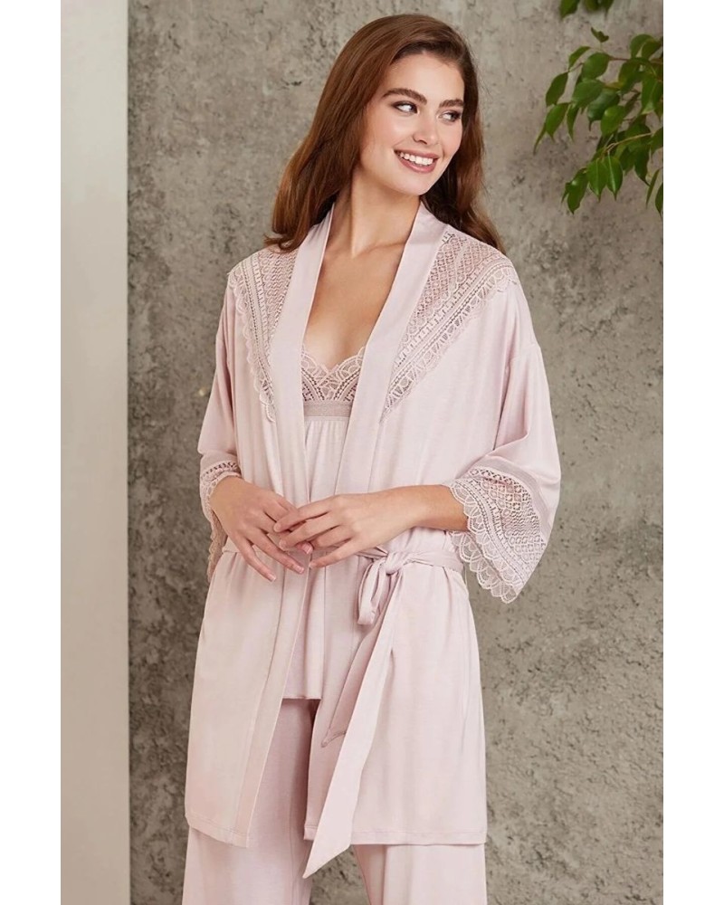 Pierre Cardin 2820 Kadın Pudra Dantelli Penye 3'lü Sabahlıklı Pijama Takım Pierre Cardin 2820 Kadın Pudra Dantelli Penye 3'lü Sabahlıklı Pijama Takım