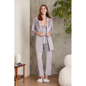 Pierre Cardin 2820 Kadın Royal Dantelli Penye 3'lü Sabahlıklı Pijama Takım