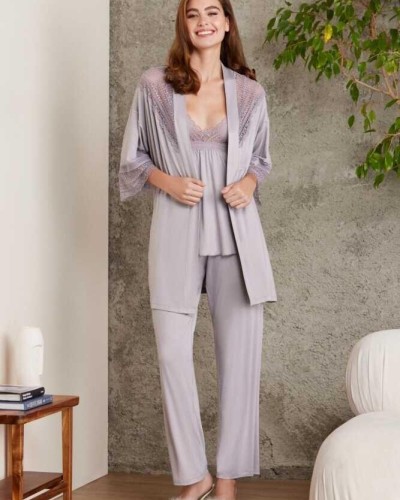 Pierre Cardin 2820 Kadın Royal Dantelli Penye 3'lü Sabahlıklı Pijama Takım
