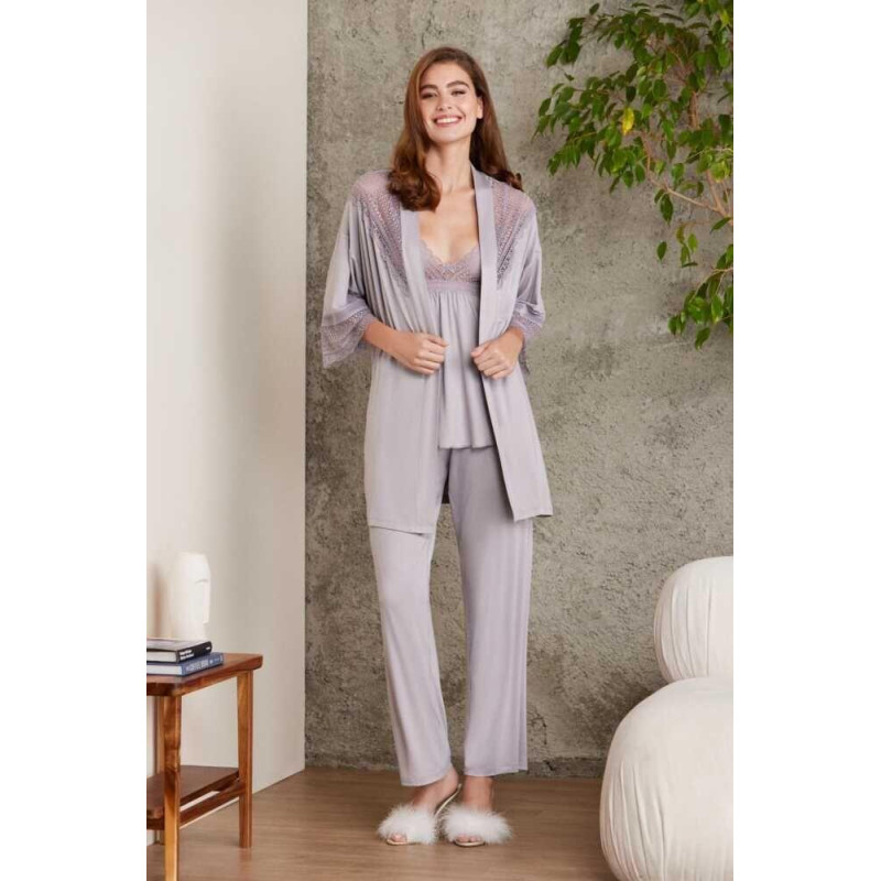 Pierre Cardin 2820 Kadın Royal Dantelli Penye 3'lü Sabahlıklı Pijama Takım