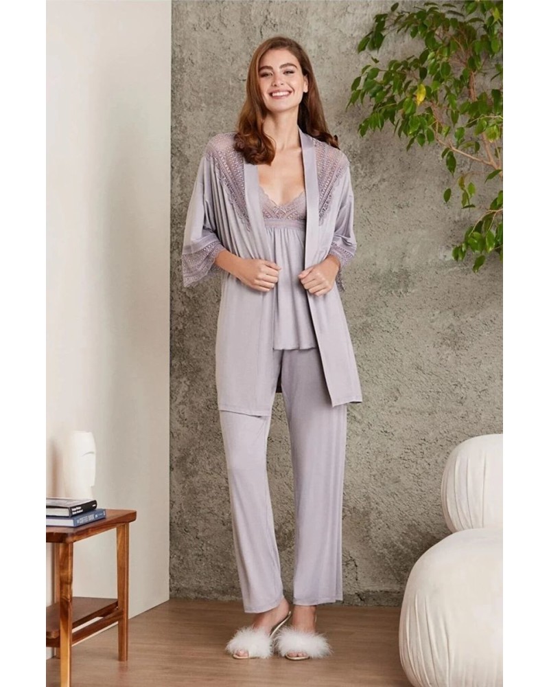 Pierre Cardin 2820 Kadın Royal Dantelli Penye 3'lü Sabahlıklı Pijama Takım