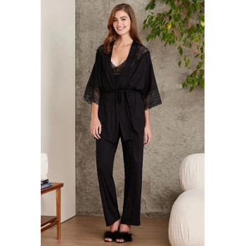 Pierre Cardin 2820 Kadın siyah Dantelli Penye 3'lü Sabahlıklı Pijama Takım