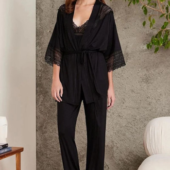 Pierre Cardin 2820 Kadın siyah Dantelli Penye 3'lü Sabahlıklı Pijama Takım