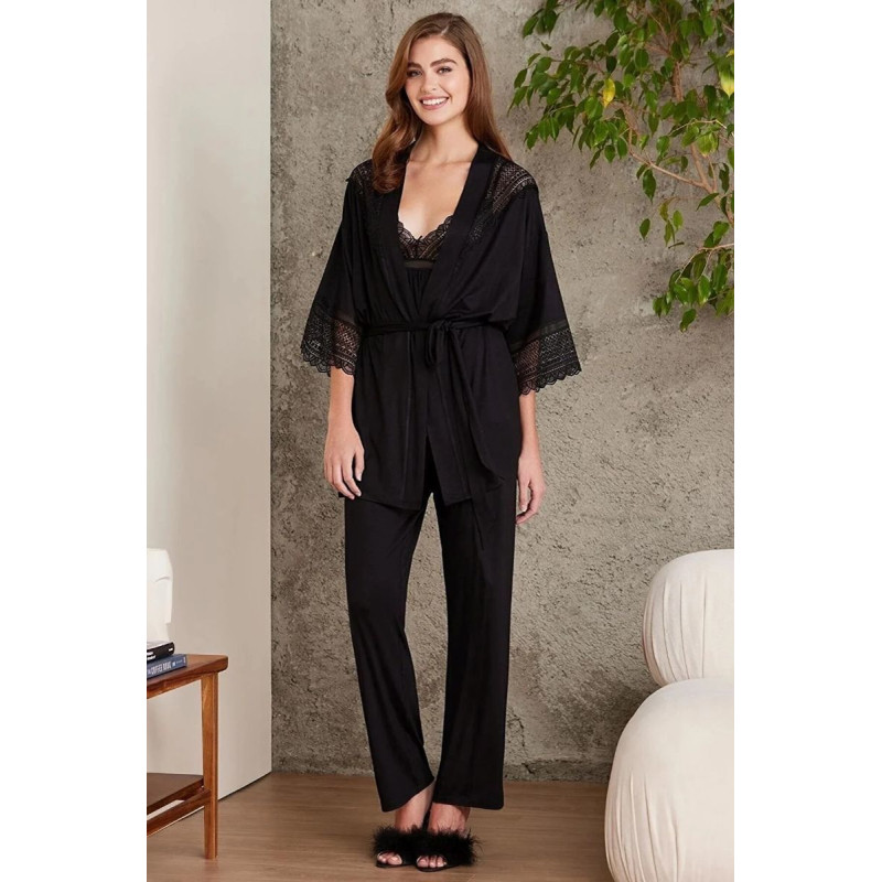 Pierre Cardin 2820 Kadın siyah Dantelli Penye 3'lü Sabahlıklı Pijama Takım
