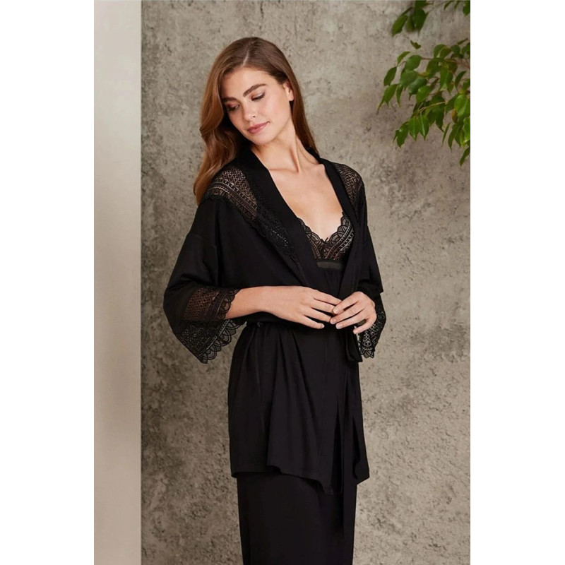 Pierre Cardin 2820 Kadın siyah Dantelli Penye 3'lü Sabahlıklı Pijama Takım