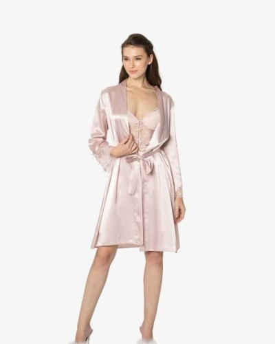 Pierre Cardin 2li Pudra Saten Kısa Gecelik Sabahlık 4300 