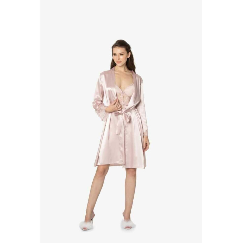 Pierre Cardin 2li Pudra Saten Kısa Gecelik Sabahlık 4300 