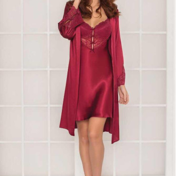 Pierre Cardin 2li Bordo Saten Kısa Gecelik Sabahlık 4300