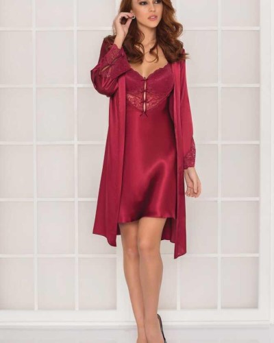 Pierre Cardin 2li Bordo Saten Kısa Gecelik Sabahlık 4300