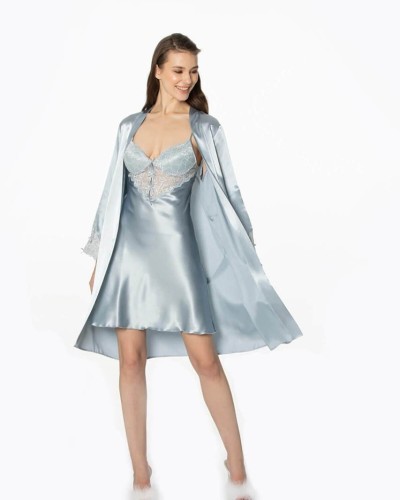 Pierre Cardin 2li Saten Kısa Gecelik Sabahlık 4300 Mist