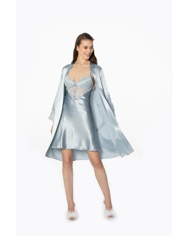 Pierre Cardin 2li Saten Kısa Gecelik Sabahlık 4300 Mist