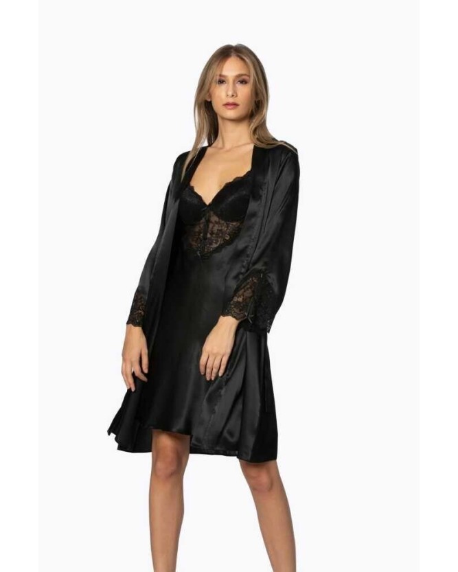 Pierre Cardin 2li Siyah Saten Kısa Gecelik Sabahlık 4300