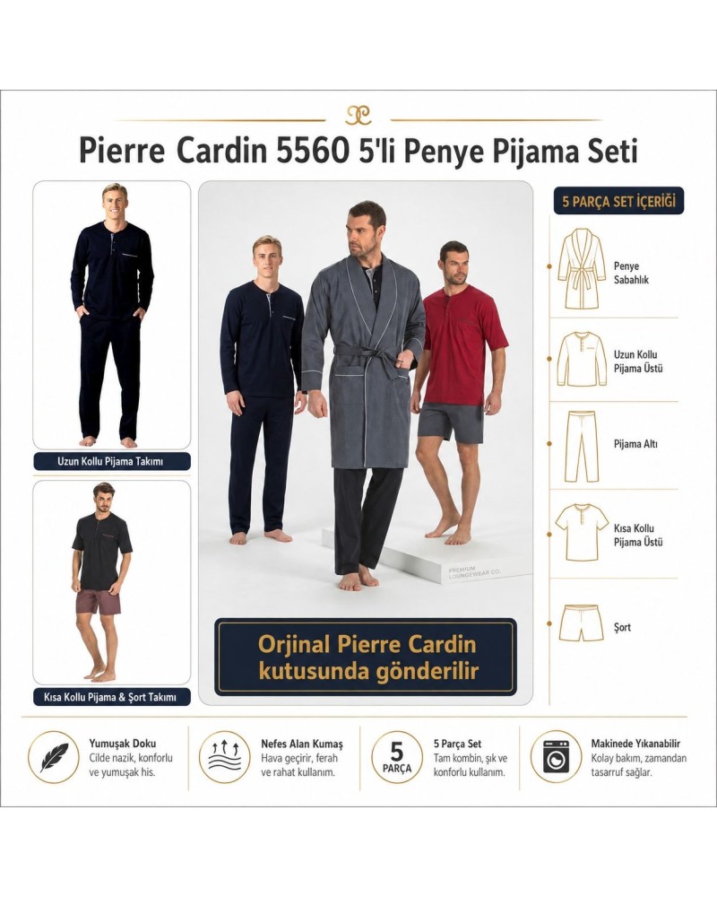 Pierre Cardin 5li Penye Robdöşambr Damat Pijama Set 5560
