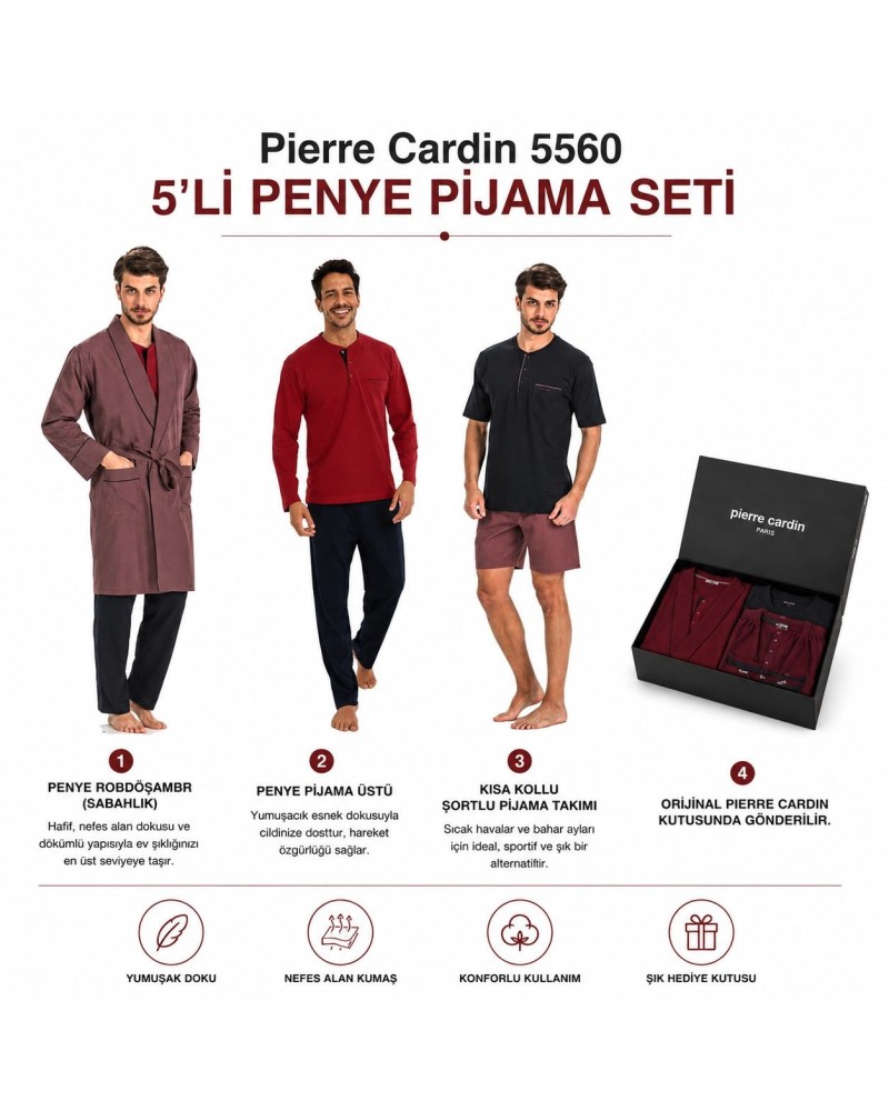 Pierre Cardin 5li Penye Robdöşambr Damat Pijama Set 5560 Bordo Pierre Cardin 5li Penye Robdöşambr Damat Pijama Set 5560 Bordo