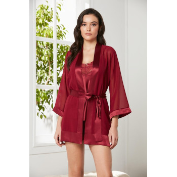 Pierre Cardin Bordo 3'lü Saten Dantelli Şort Ve Şifon Dantelli Sabahlık Takımı 2475