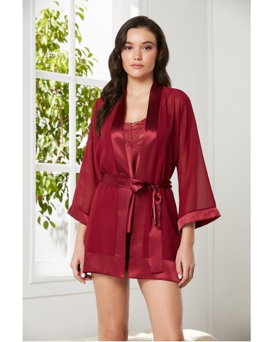 Pierre Cardin Bordo 3'lü Saten Dantelli Şort Ve Şifon Dantelli Sabahlık Takımı 2475