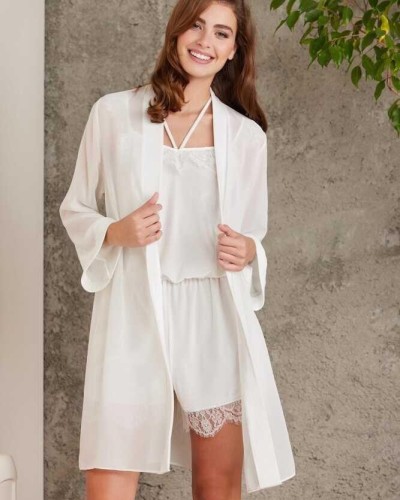Pierre Cardin Dantelli Kadife Tulum Sabahlık Takım 4800 Ekru