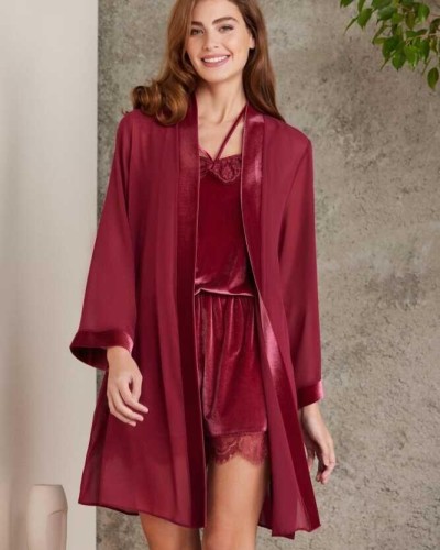 Pierre Cardin Dantelli Kadife Tulum Sabahlık Takım 4800 Bordo