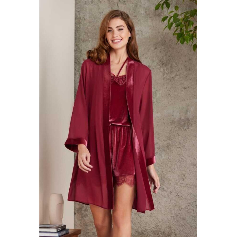 Pierre Cardin Dantelli Kadife Tulum Sabahlık Takım 4800 Bordo