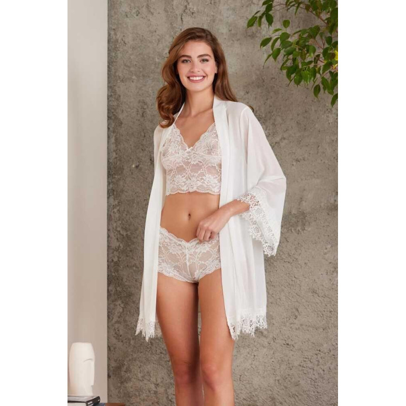 Pierre Cardin Ekru Sifon Dantelli 3'lü Crop Şort Sabahlık Takım 4805 