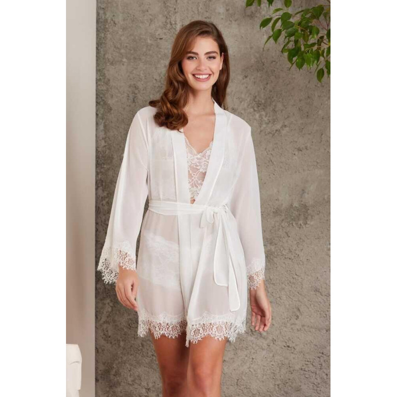 Pierre Cardin Ekru Sifon Dantelli 3'lü Crop Şort Sabahlık Takım 4805 