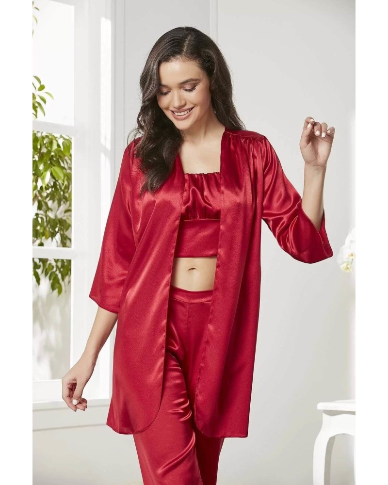 Pierre Cardin Kadife Saten 3'lü Pijama Takım 2075 Kırmızı