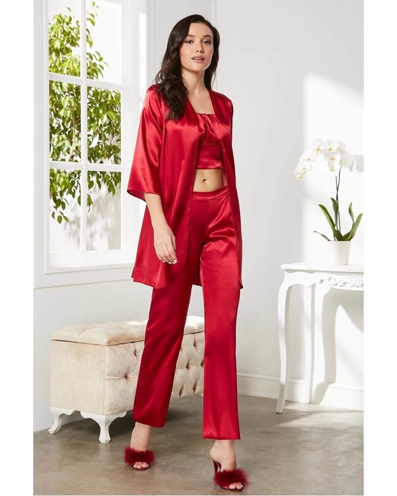 Pierre Cardin Kadife Saten 3'lü Pijama Takım 2075 Kırmızı