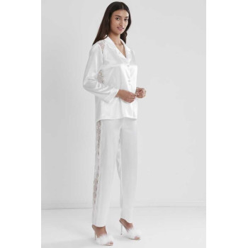 Pierre Cardin Kadın Sırtı Dantel Saten Pijama Takımı 1438 Ekru