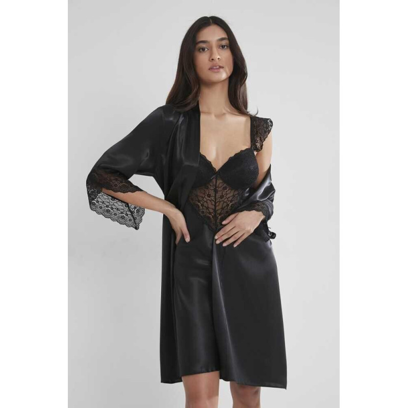 Pierre Cardin Midi Dantel Sabahlık Gecelik Set 4240 Siyah