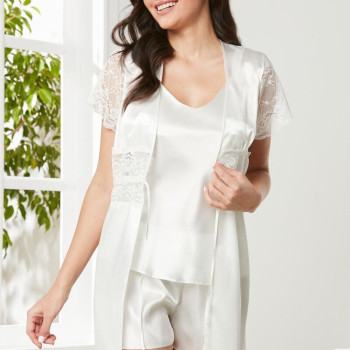 Pierre Cardin Ekru Saten Dantelli 3'lü Kadın Sabahlık-Şort Takım 2480