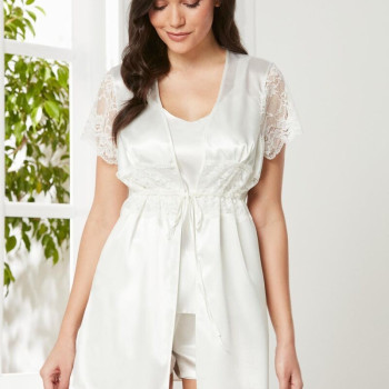 Pierre Cardin Ekru Saten Dantelli 3'lü Kadın Sabahlık-Şort Takım 2480