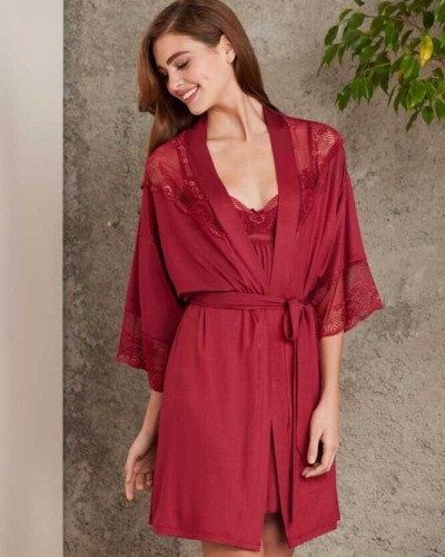 Pierre Cardin Penye Dantelli Gecelik Sabahlık Takım 4010 Bordo
