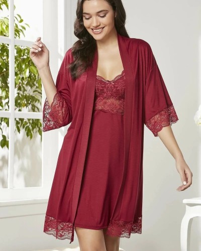 Pierre Cardin Penye Dantelli Gecelik Sabahlık Takım 4020 Bordo