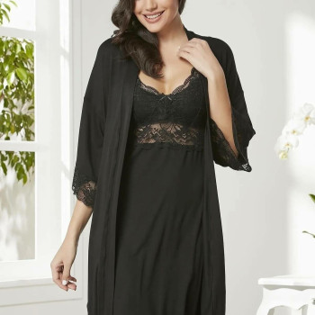 Pierre Cardin Penye Dantelli Gecelik Sabahlık Takım 4020 Siyah