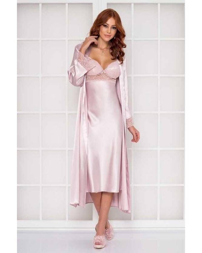 Pierre Cardin Pudra Uzun Saten Sabahlık Gecelik Set 4370 Pierre Cardin Pudra Uzun Saten Sabahlık Gecelik Set 4370
