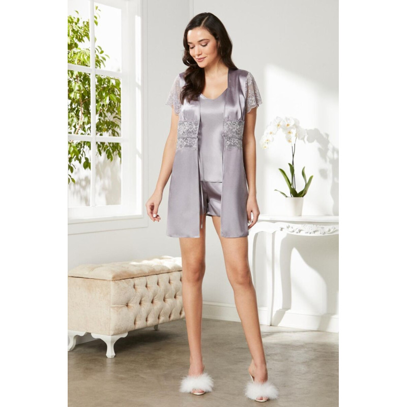 Pierre Cardin Royal Saten Dantelli 3'lü Kadın Sabahlık-Şort Takım 2480