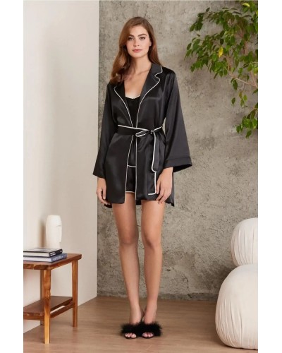 Pierre Cardin Saten 4lü Gecelik Sabahlık Şort Seti Siyah 7200