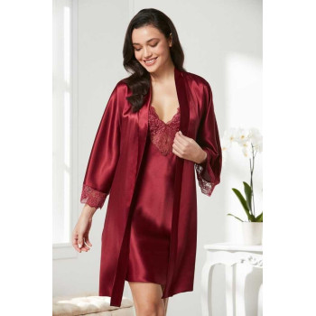Pierre Cardin Saten Dantelli Gecelik Sabahlık Takım 4280 Bordo