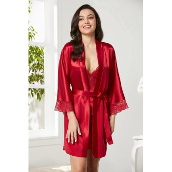 Pierre Cardin Saten Dantelli Gecelik Sabahlık Takım 4280 kırmızı
