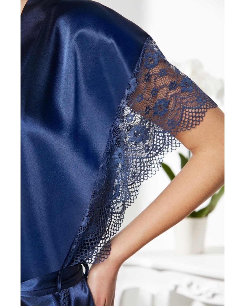 Pierre Cardin Lacivert Saten Dantelli Gecelik Sabahlık Takım 4438