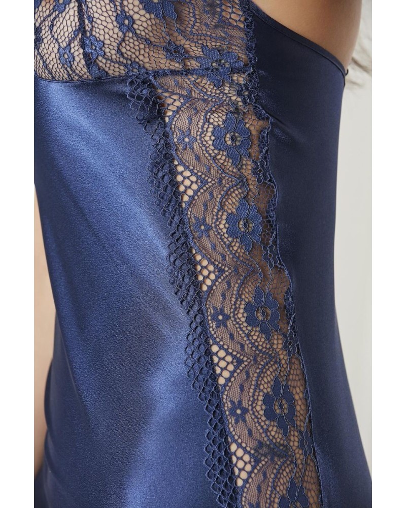 Pierre Cardin Lacivert Saten Dantelli Gecelik Sabahlık Takım 4438
